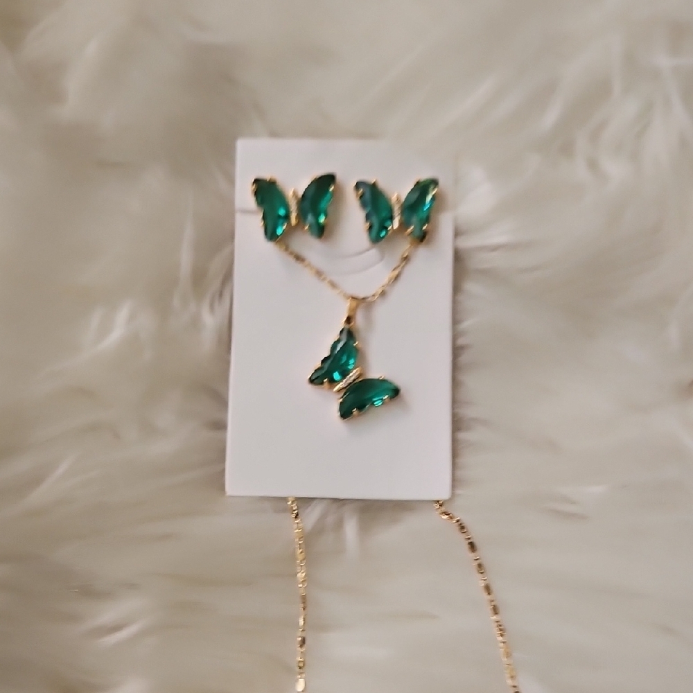 Othr Green Butterfly Necklace Set with Gold Accents